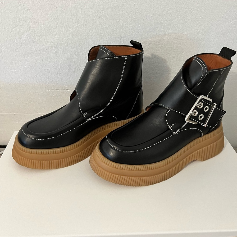 Ganni Black Ankle Boots with Tan Soles